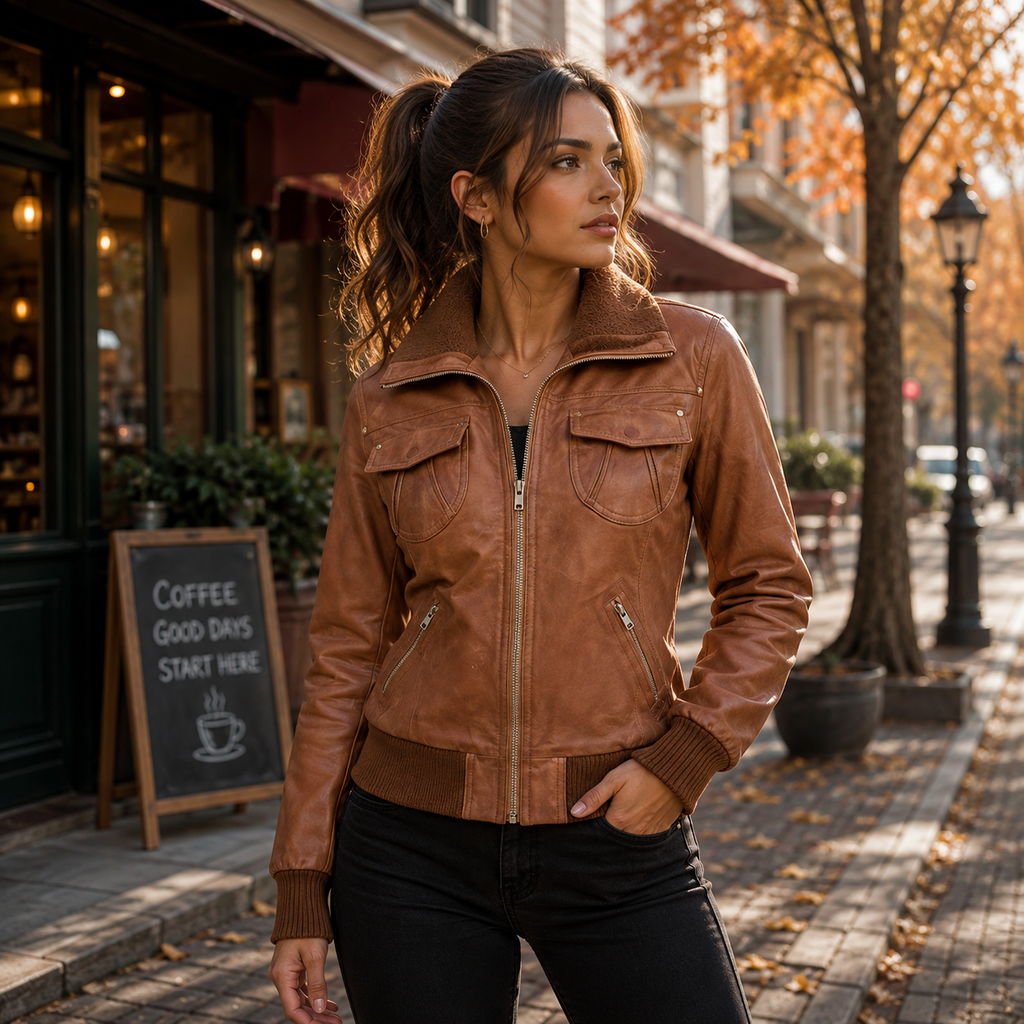 Women's Tan Brown Genuine Leather Bomber Jacket