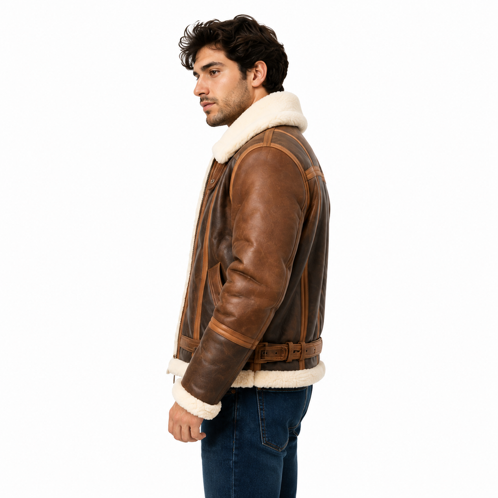 Men's vintage B-3 brown shearling leather aviator jacket