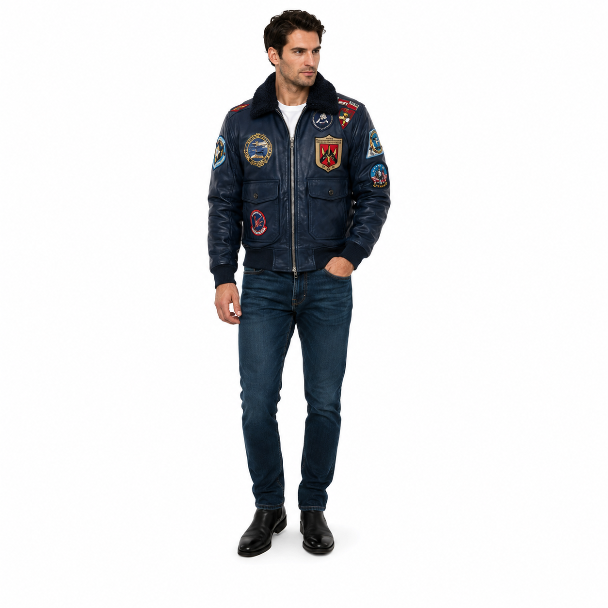 Men's Navy Blue Aviator Leather Jacket with