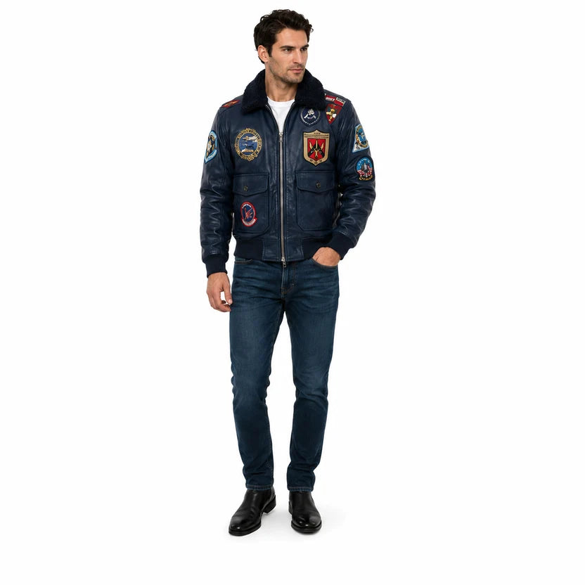Men's Navy Blue Genuine Leather Top Gun Bomber Jacket