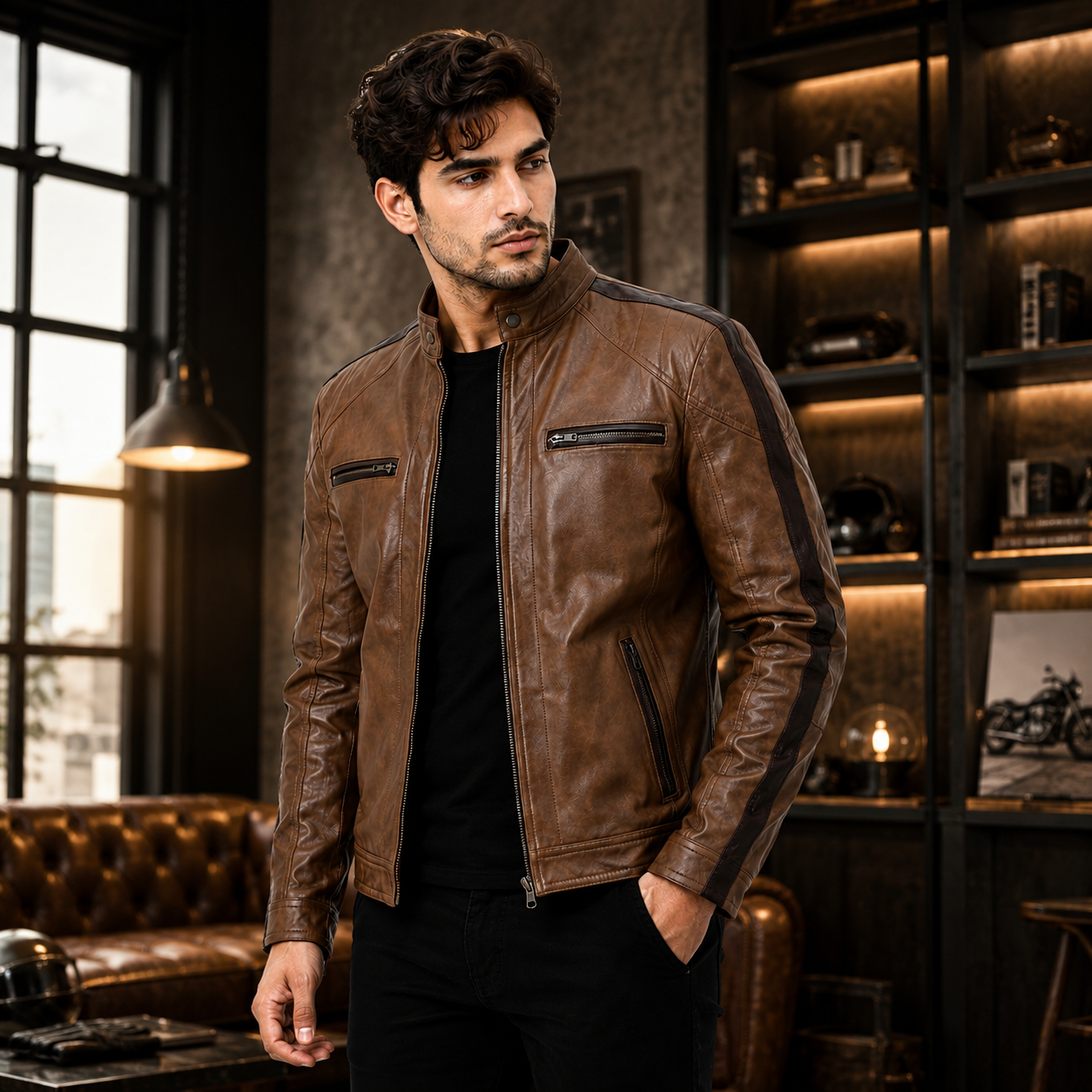 Men's Brown Premium Leather Biker Jacket