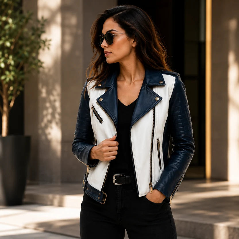 Women's White & Navy Blue Bicolor Leather Moto Jacket