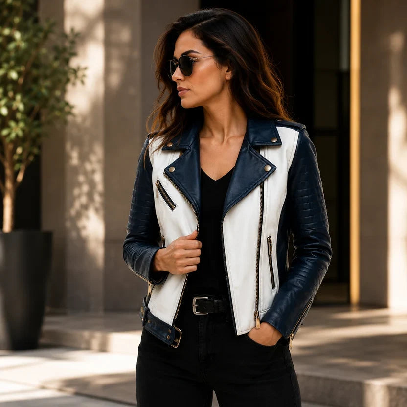 Women's Black & White Genuine Leather Moto Jacket