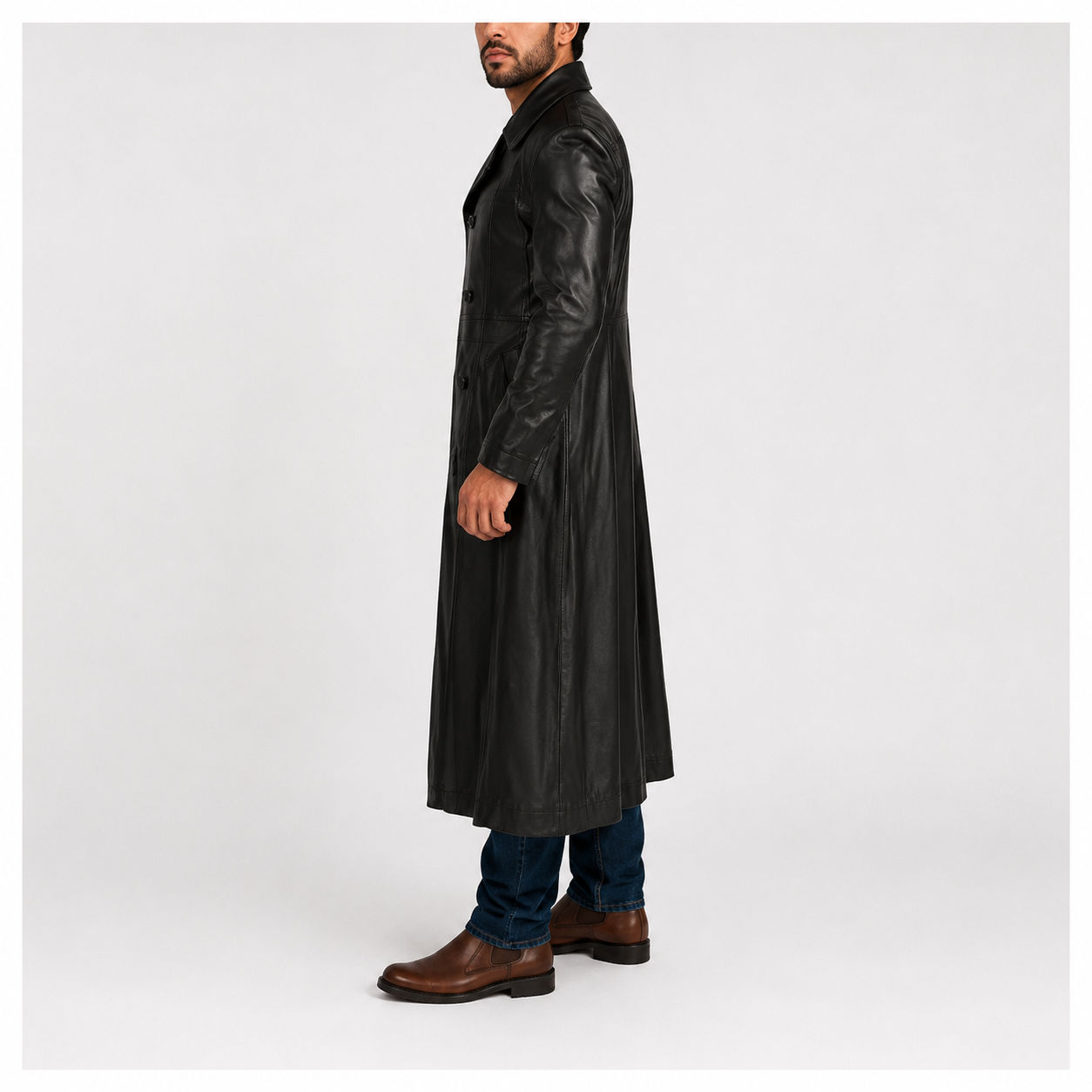 Full-Length Double-Breasted Leather Duster Trench Coat