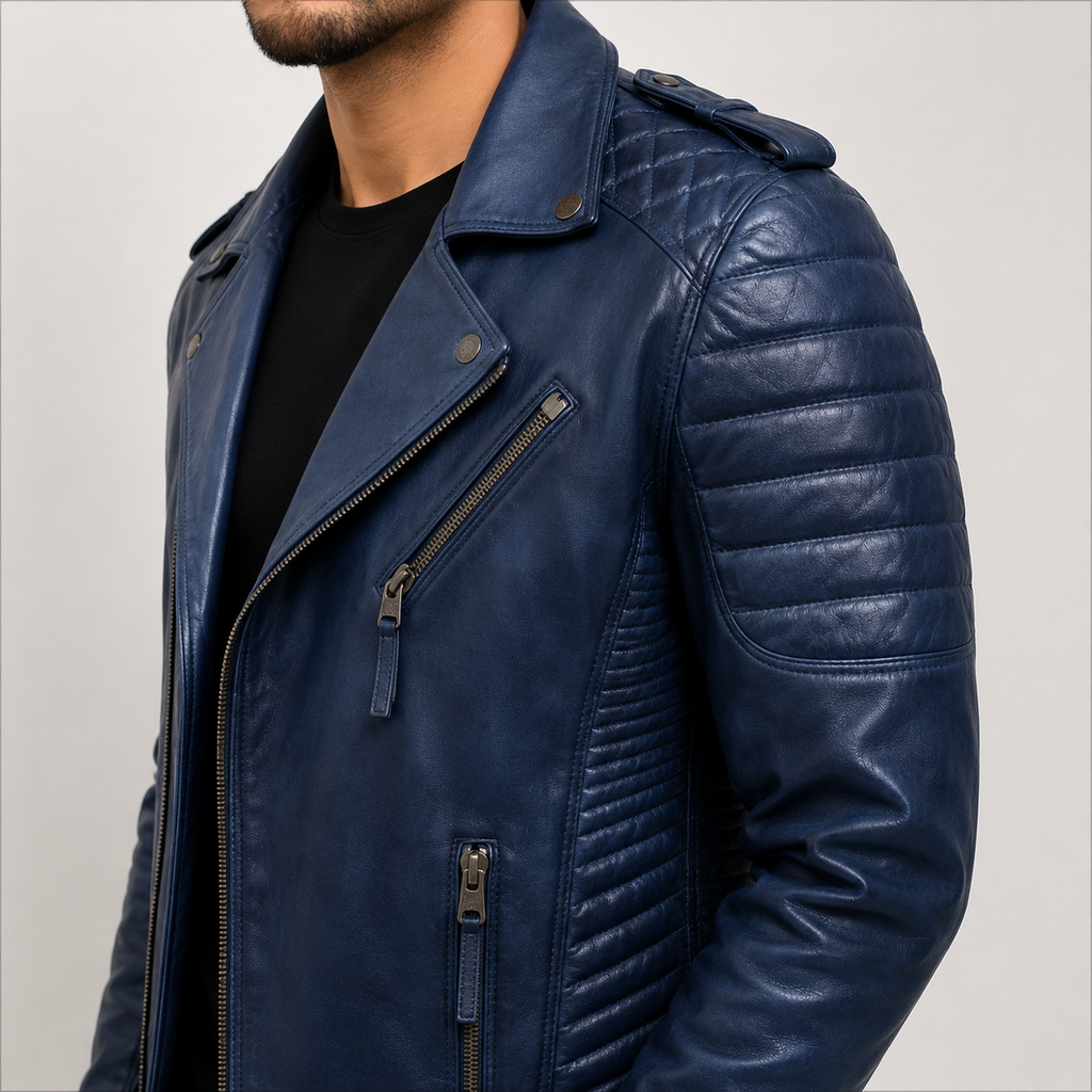 Men's Distressed Navy Blue Asymmetric Leather Biker Jacket