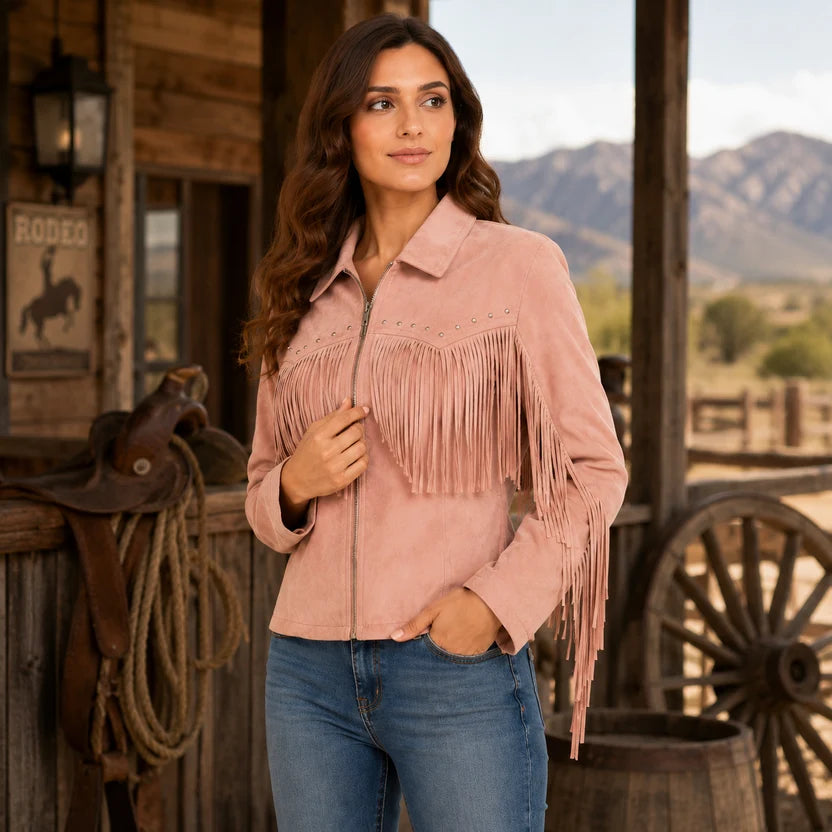 Women's Pink Suede Fringe Studded Western Jacket