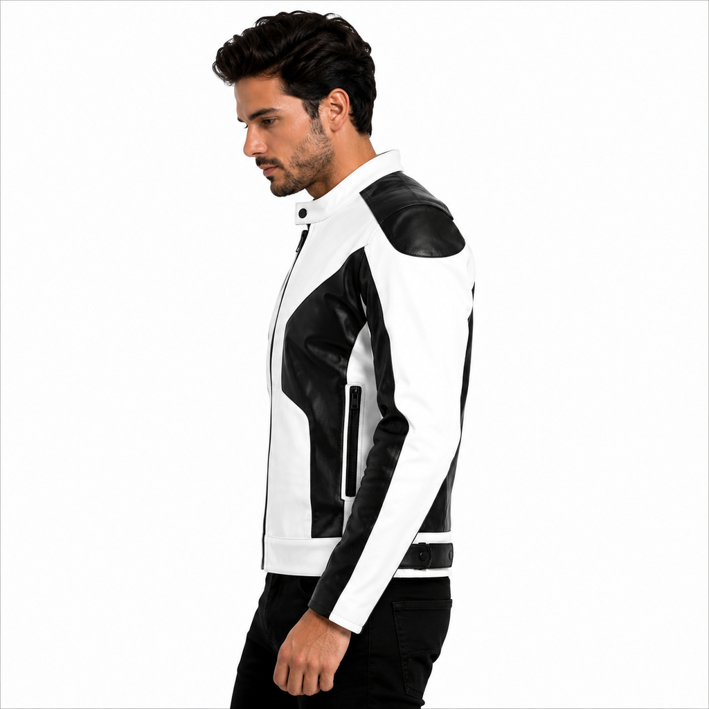 Men's White & Black Premium Leather Biker Jacket