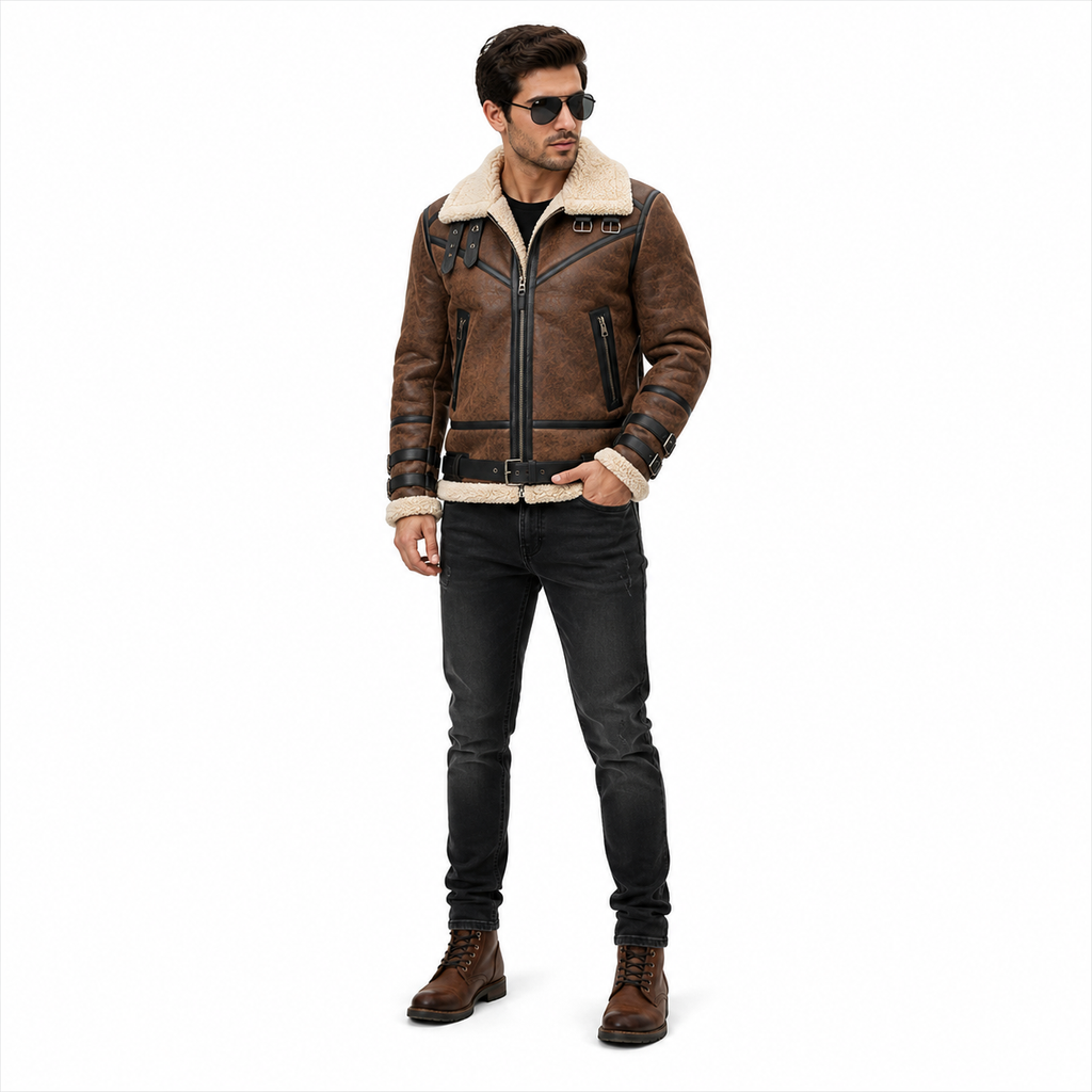 Men's Brown Distressed Shearling Aviator Leather Jacket