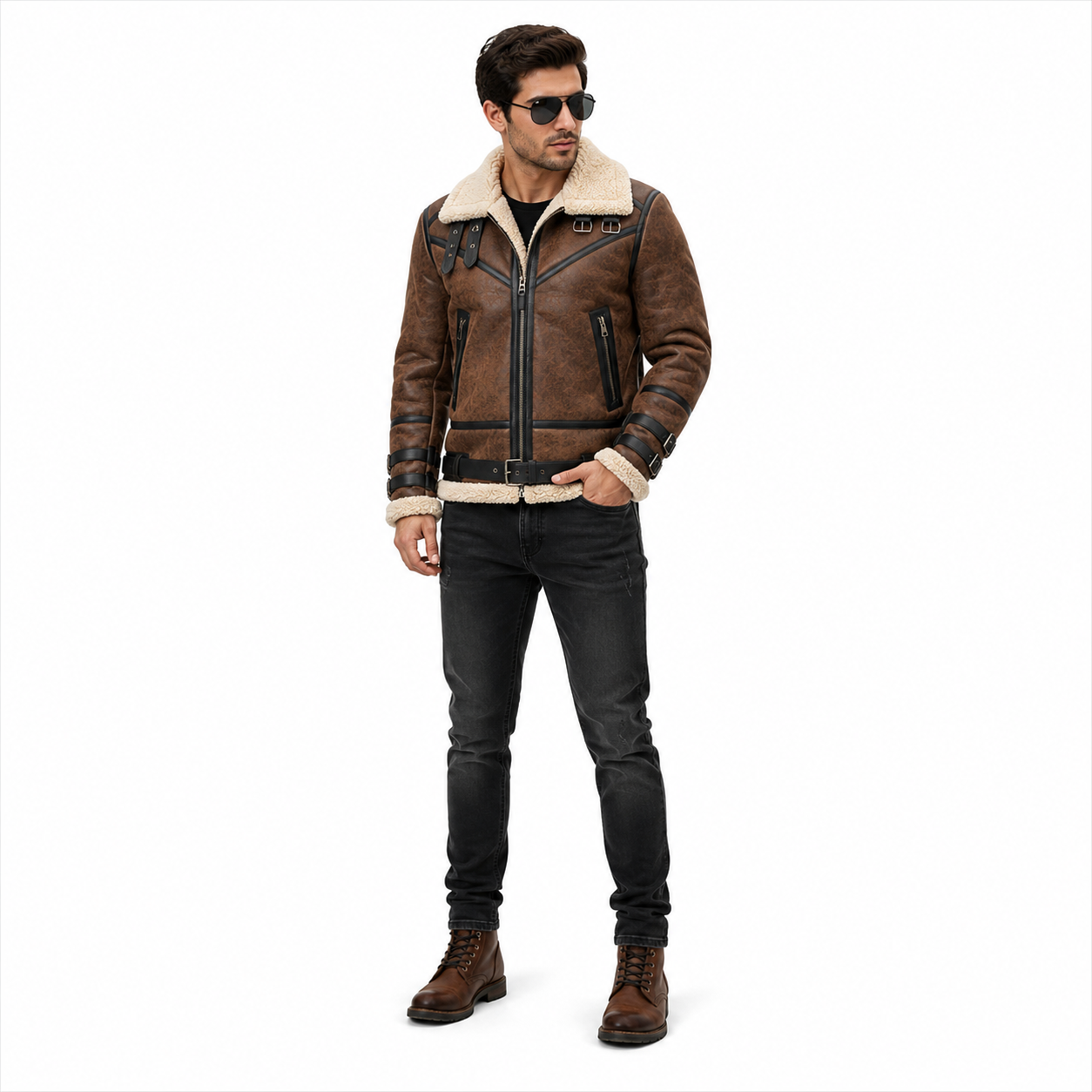Men's Brown Distressed Shearling Aviator Leather Jacket