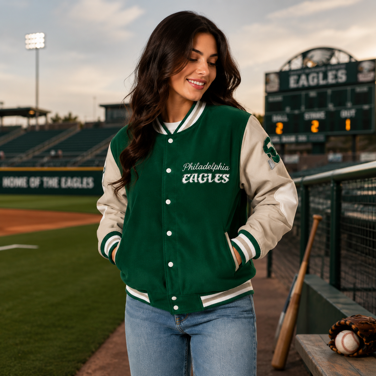 Women's Philadelphia Eagles Green Cream Varsity Jacket
