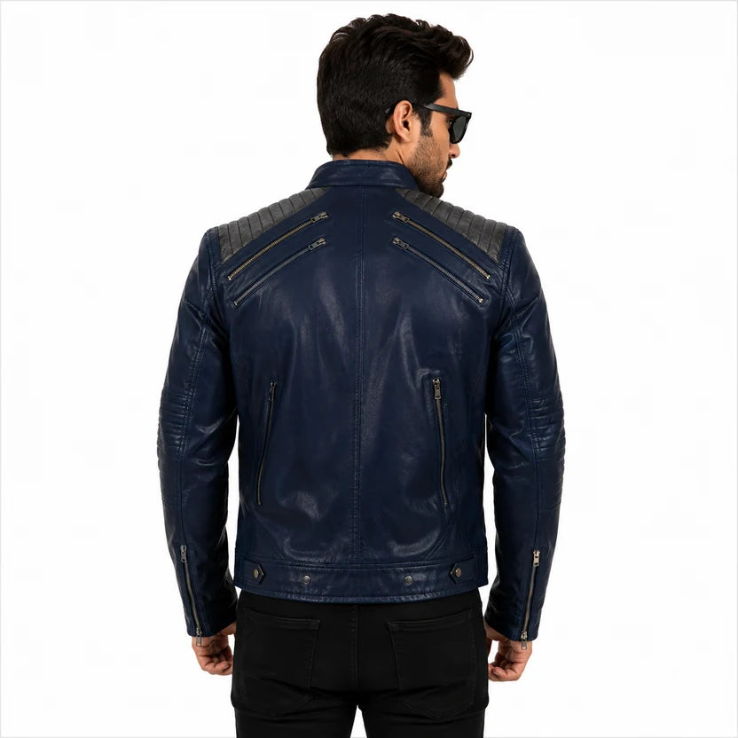 Blue MJ Style Leather Biker Jacket