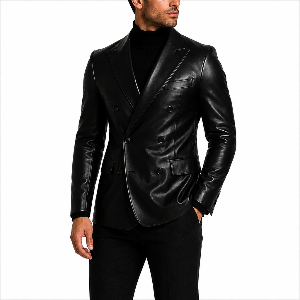 Genuine Leather Blazer Detail Peak Lapel Buttons