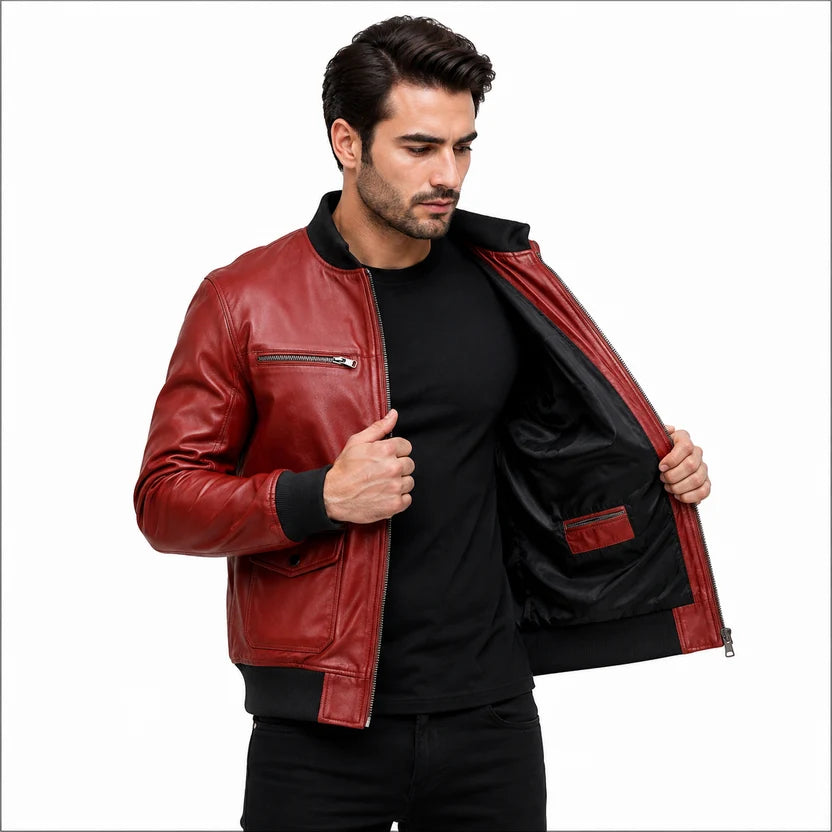 oxblood red leather bomber jacket