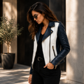 Women's Navy Blue & White Biker Leather Jacket