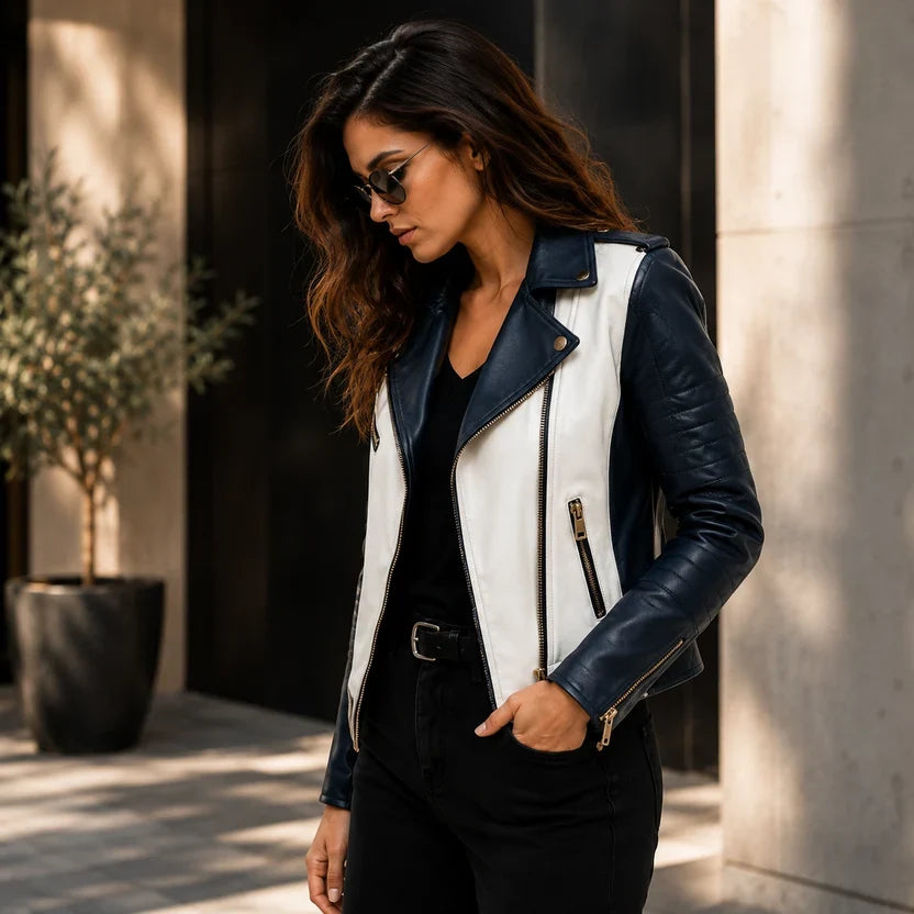 Women's Black & White Genuine Leather Moto Jacket