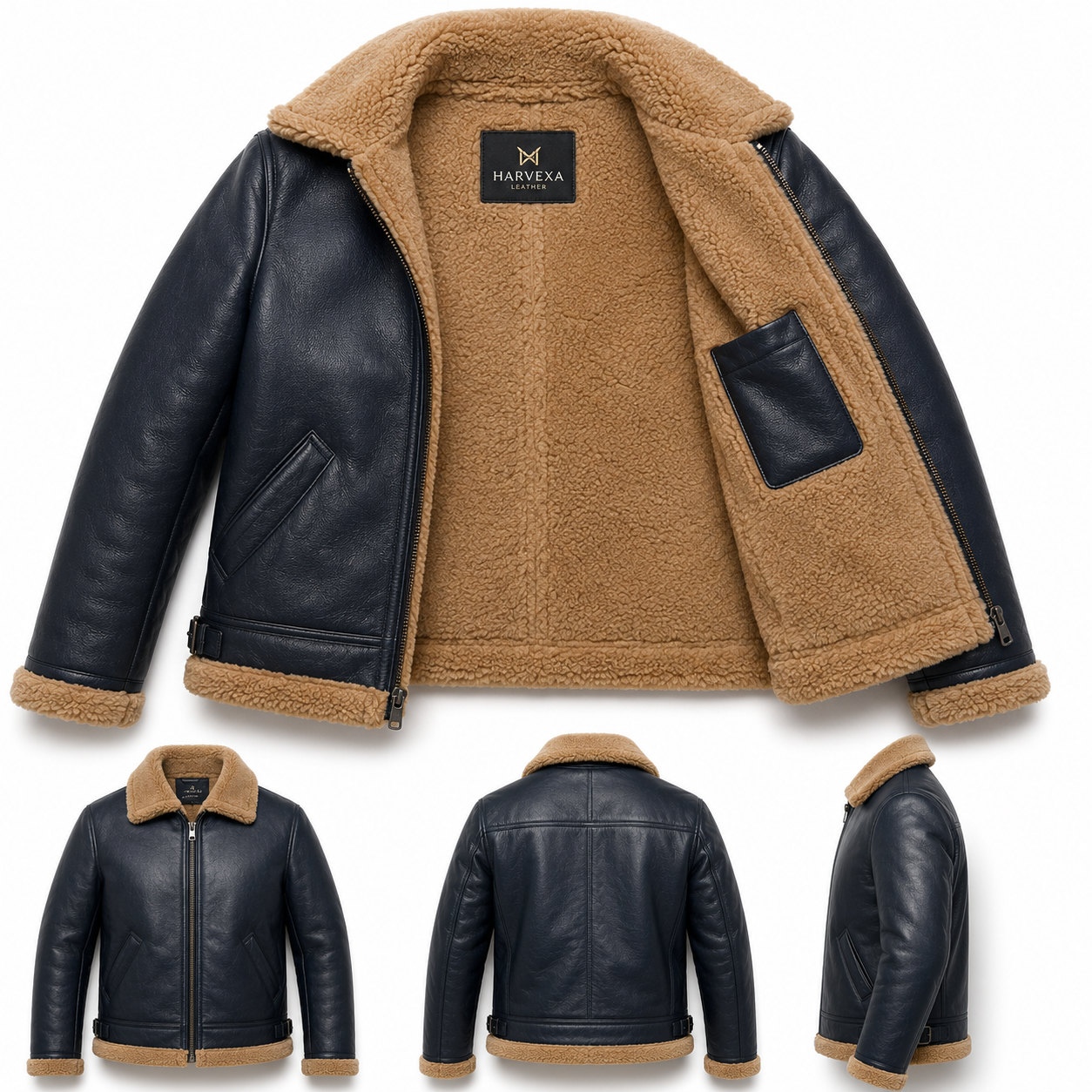 Men's Classic Navy Blue & Beige B-3 Aviator Jacket