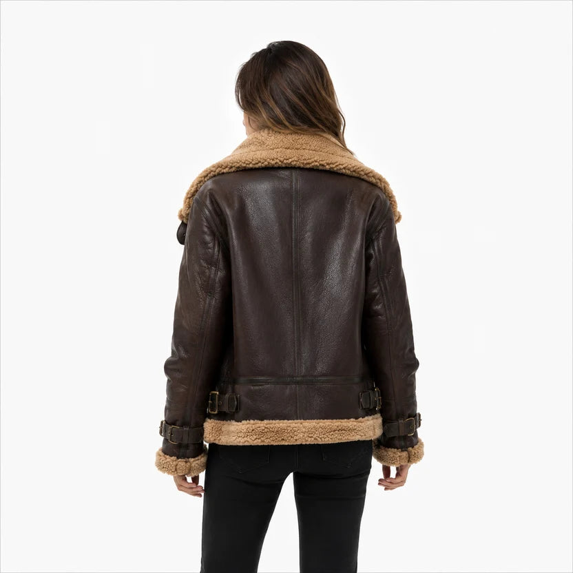 women's dark brown shearling leather jacket