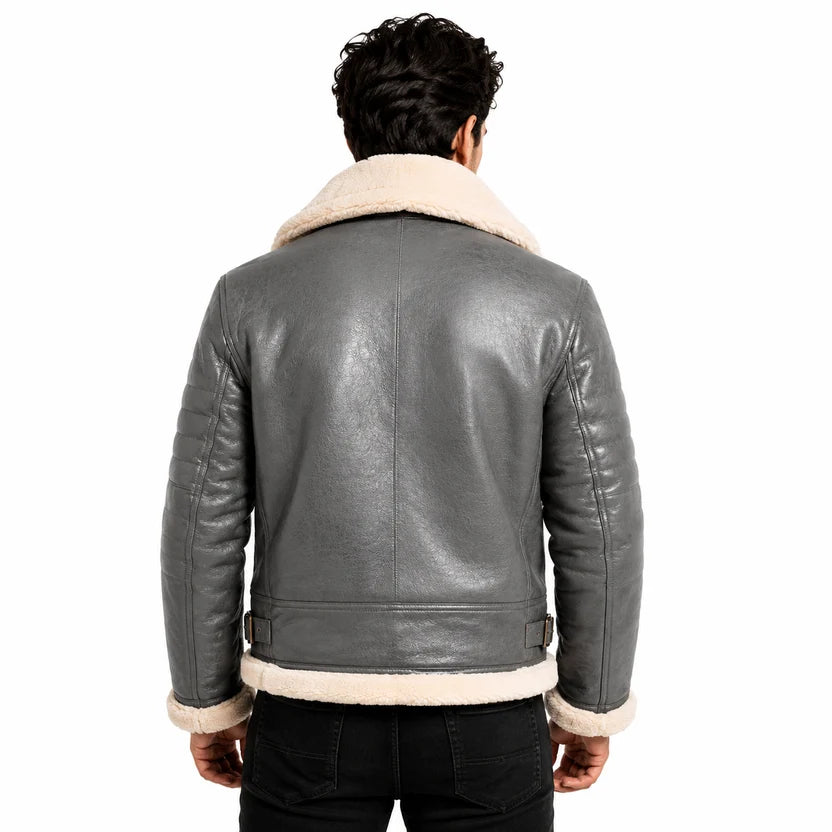 grey leather sleeve with zip pocket on shearling bomber jacket