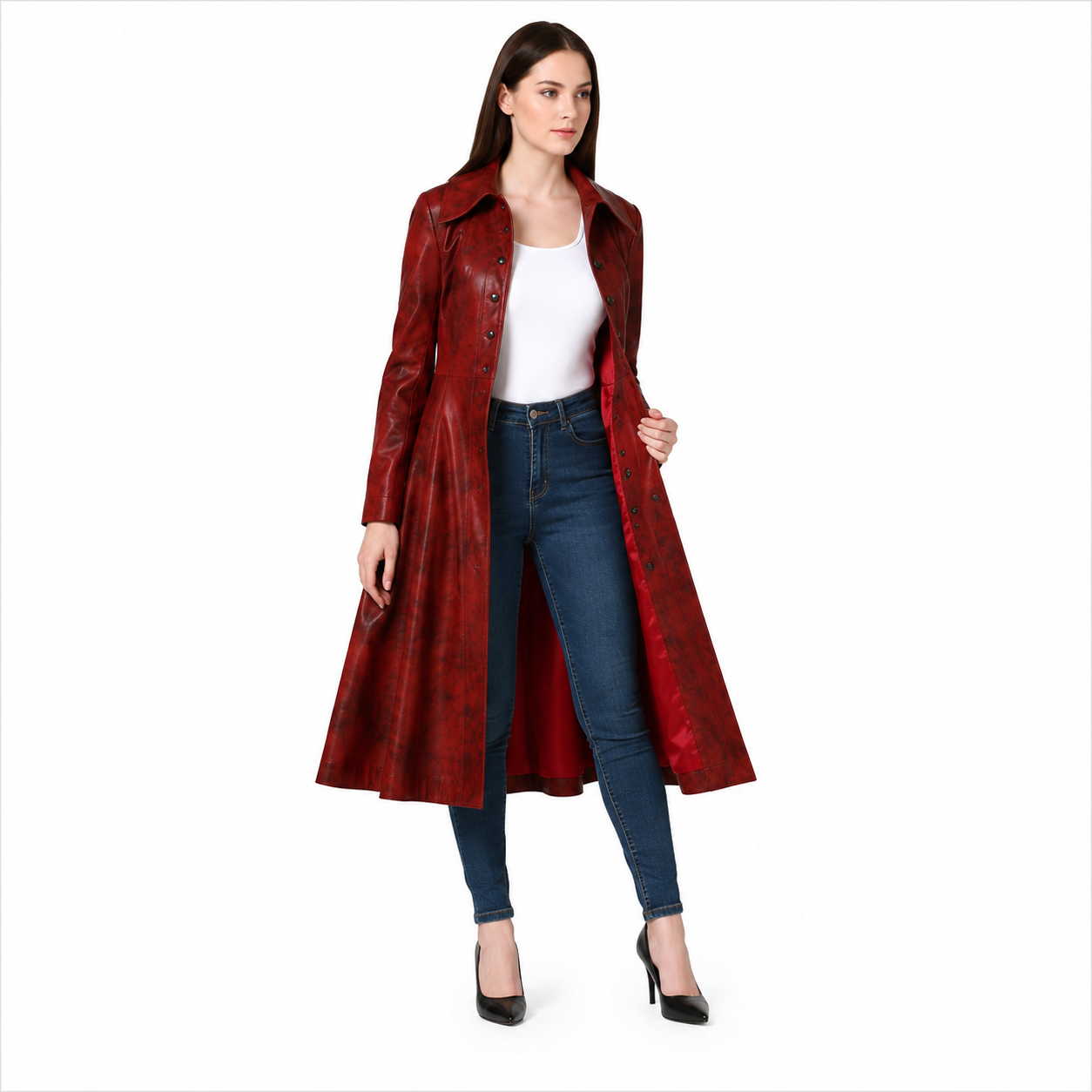 Women's Red Fit and Flare Leather Coat