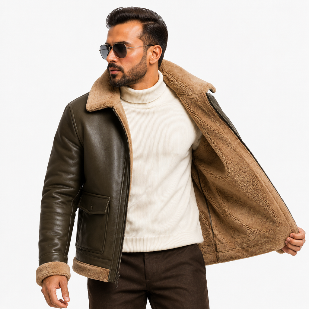 Men's Olive Brown Aviator Bomber Jacket