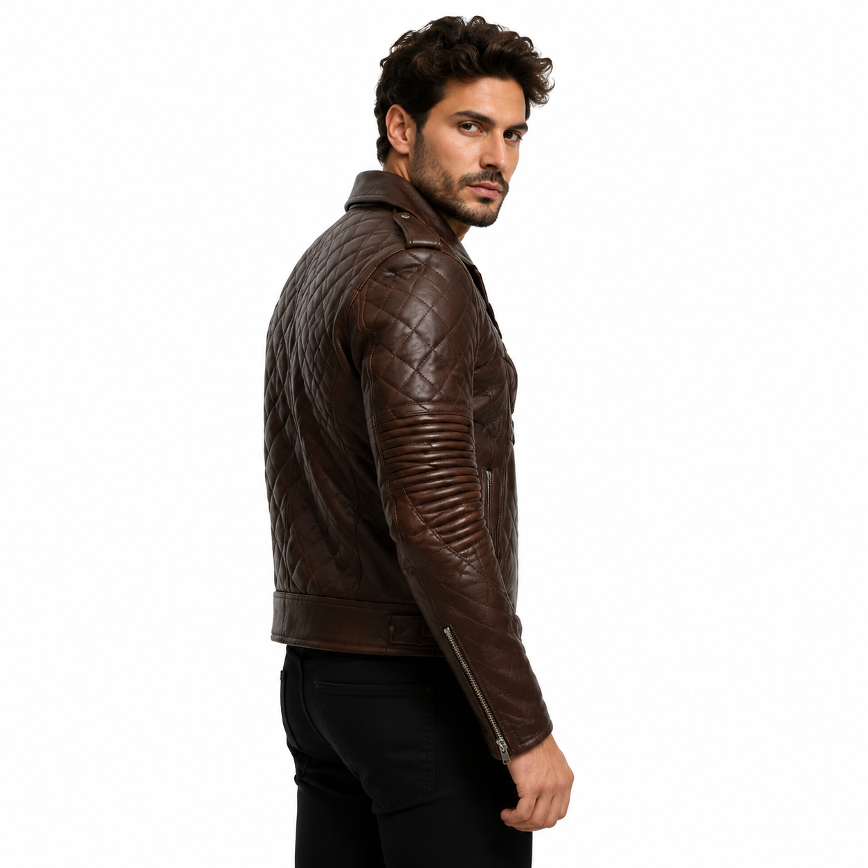 Men's Quilted Biker Brown Leather Jacket