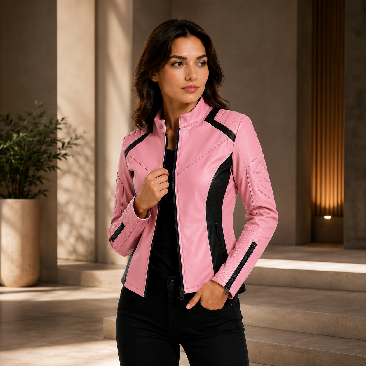 Women's Pink Cafe Racer Leather Jacket