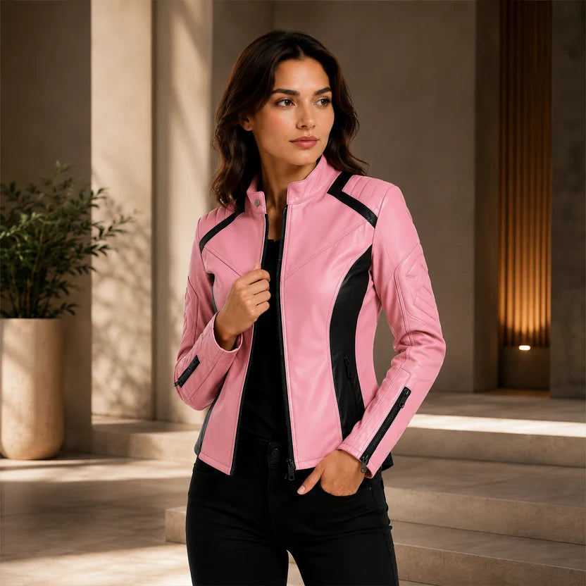 Pink Black Panel Leather Jacket