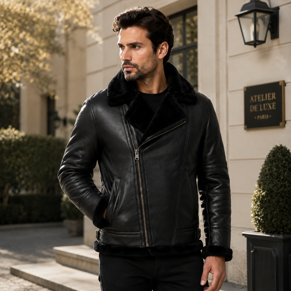 Men's Black Faux Shearling Aviator Biker Jacket