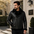 Men's Black Faux Shearling Aviator Biker Jacket