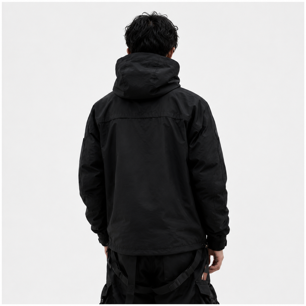 Men's Stealth Black Techwear Hooded Tactical Windbreaker