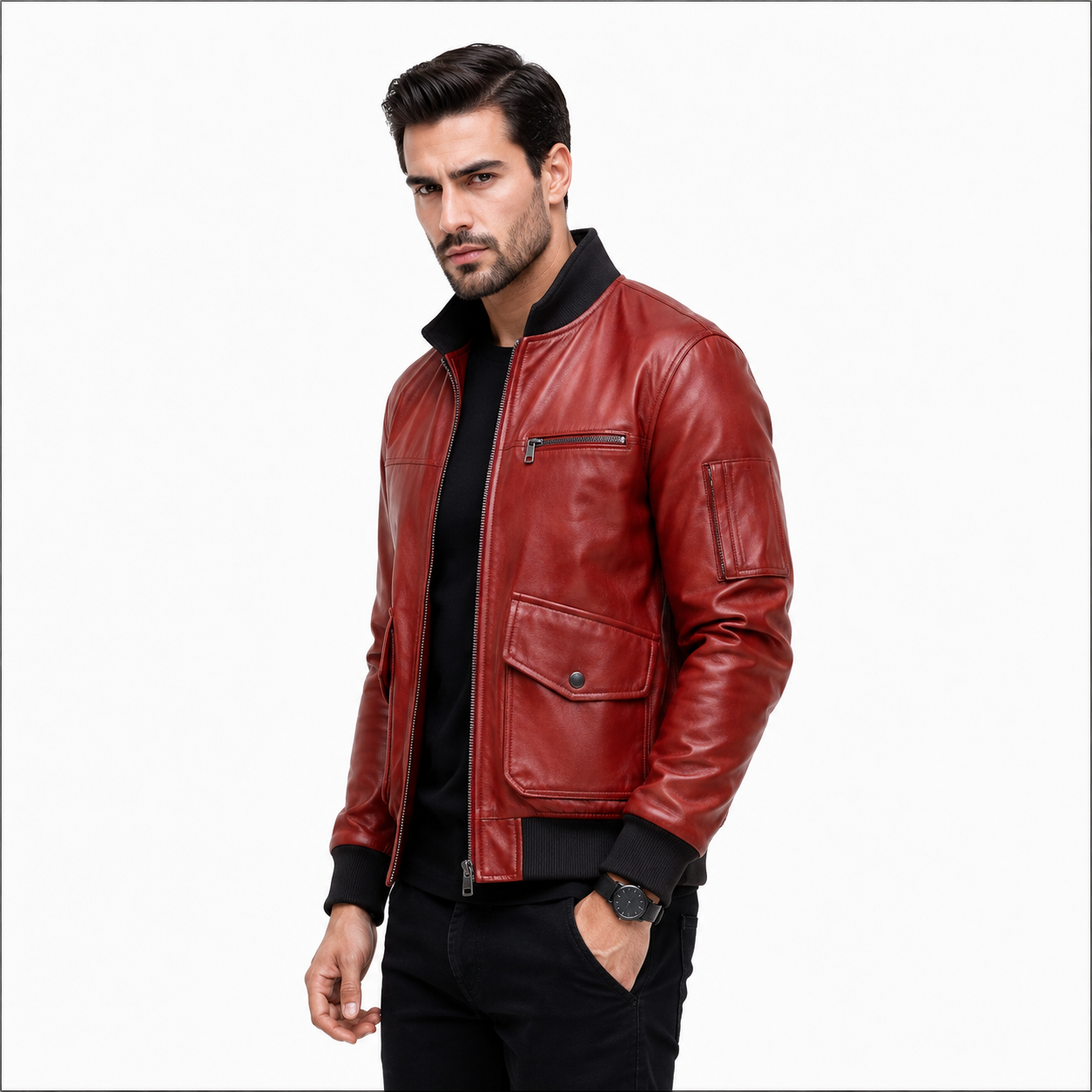Men's red leather flight bomber jacket