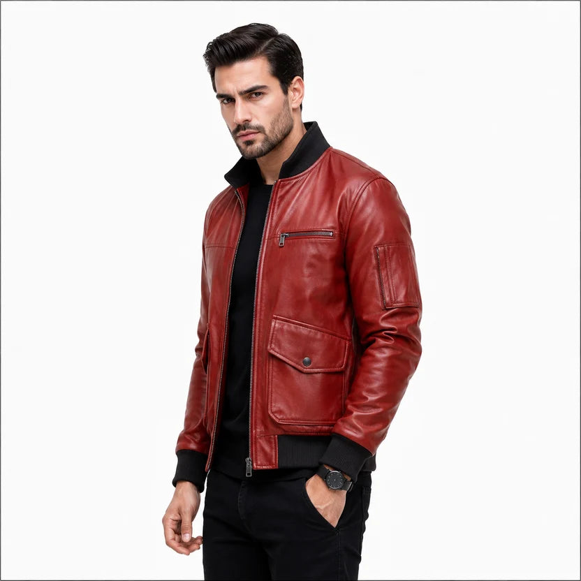 Men's Oxblood Red Leather Bomber Jacket 