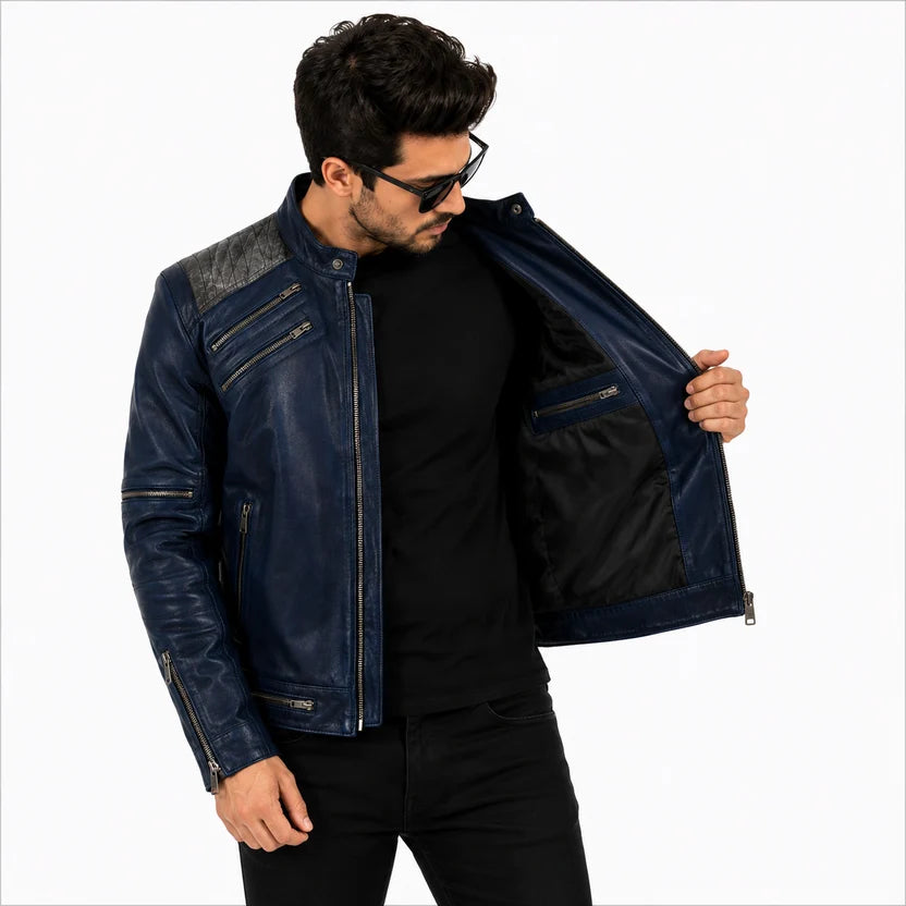 Navy Blue Leather Jacket