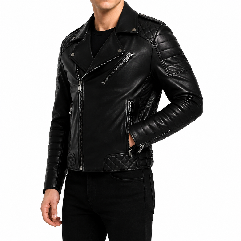 Men's Black Quilted Leather Biker Jacket with Padded Sleeves and Asymmetric Zip