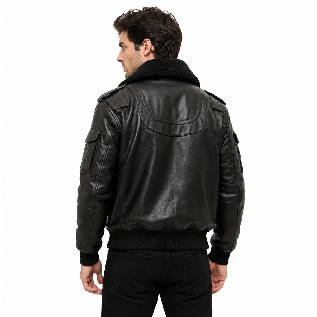 Black Aviator Leather Bomber Jacket 