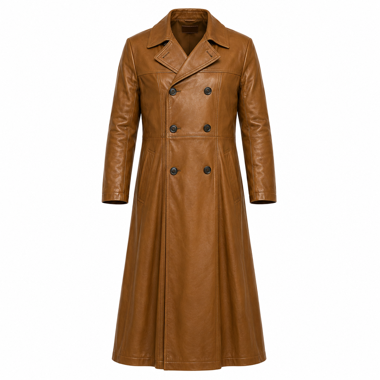 Full-Length Double-Breasted Leather Duster Trench Coat