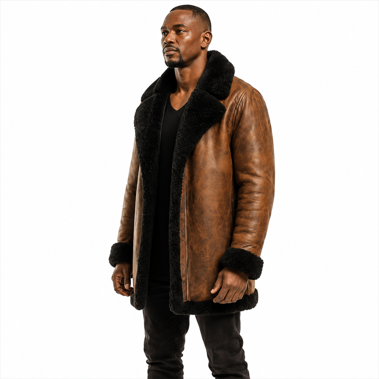 Long Brown Shearling Coat for Men Back View