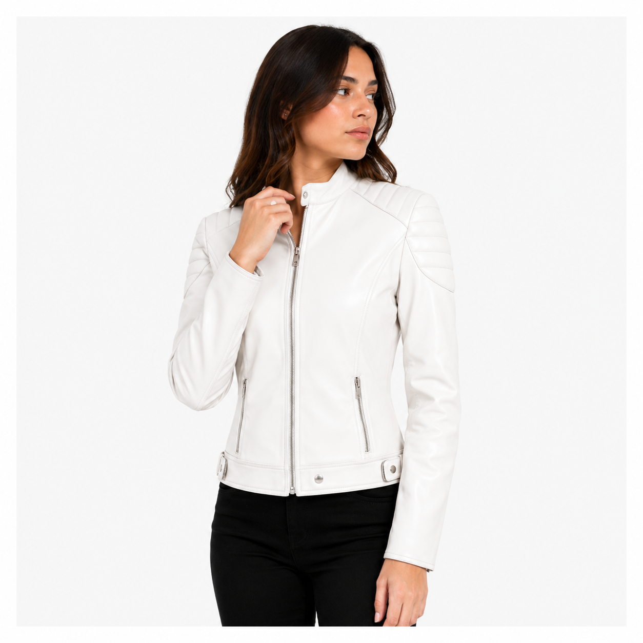 Women's Off-White Cafe Racer Leather Biker Jacket