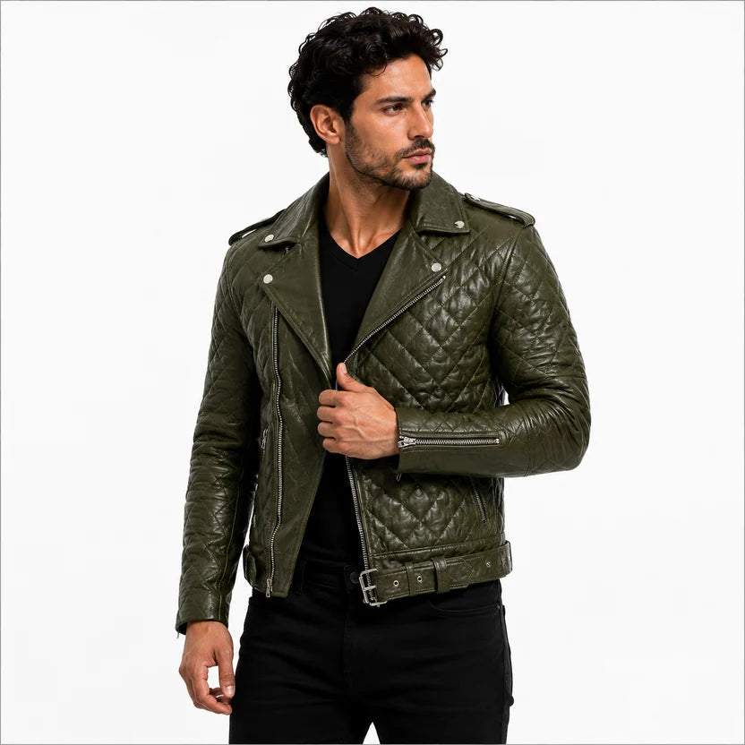Men's White Leather Quilted Biker Jacket