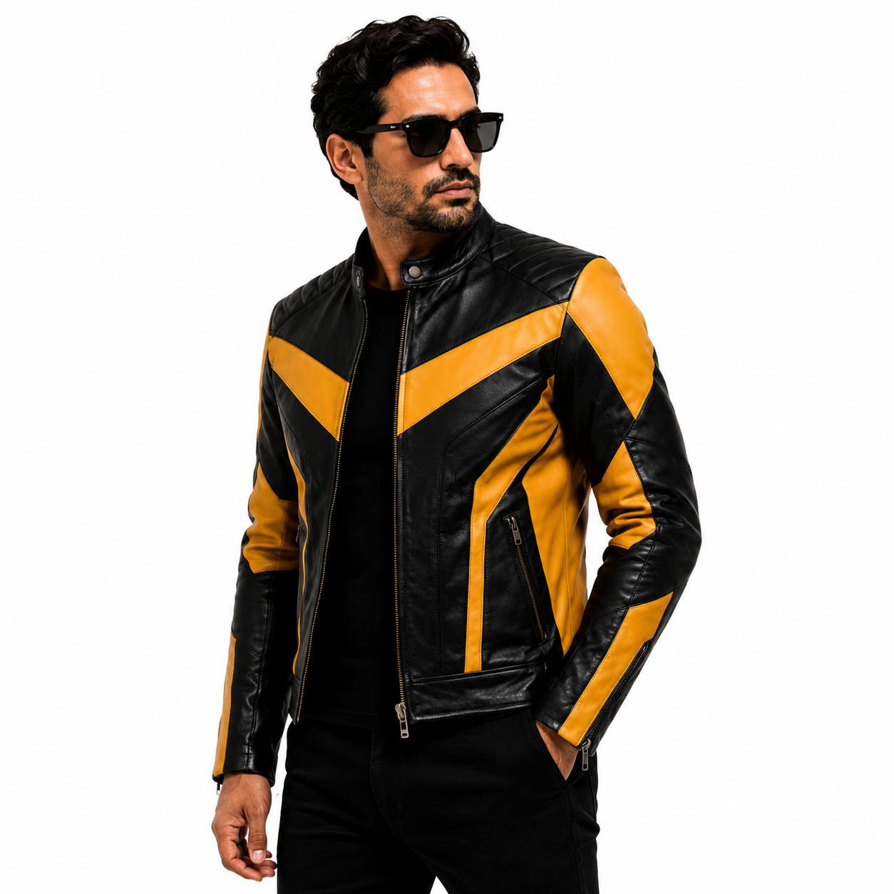 Men's Black & Mustard Yellow Racer Leather Jacket