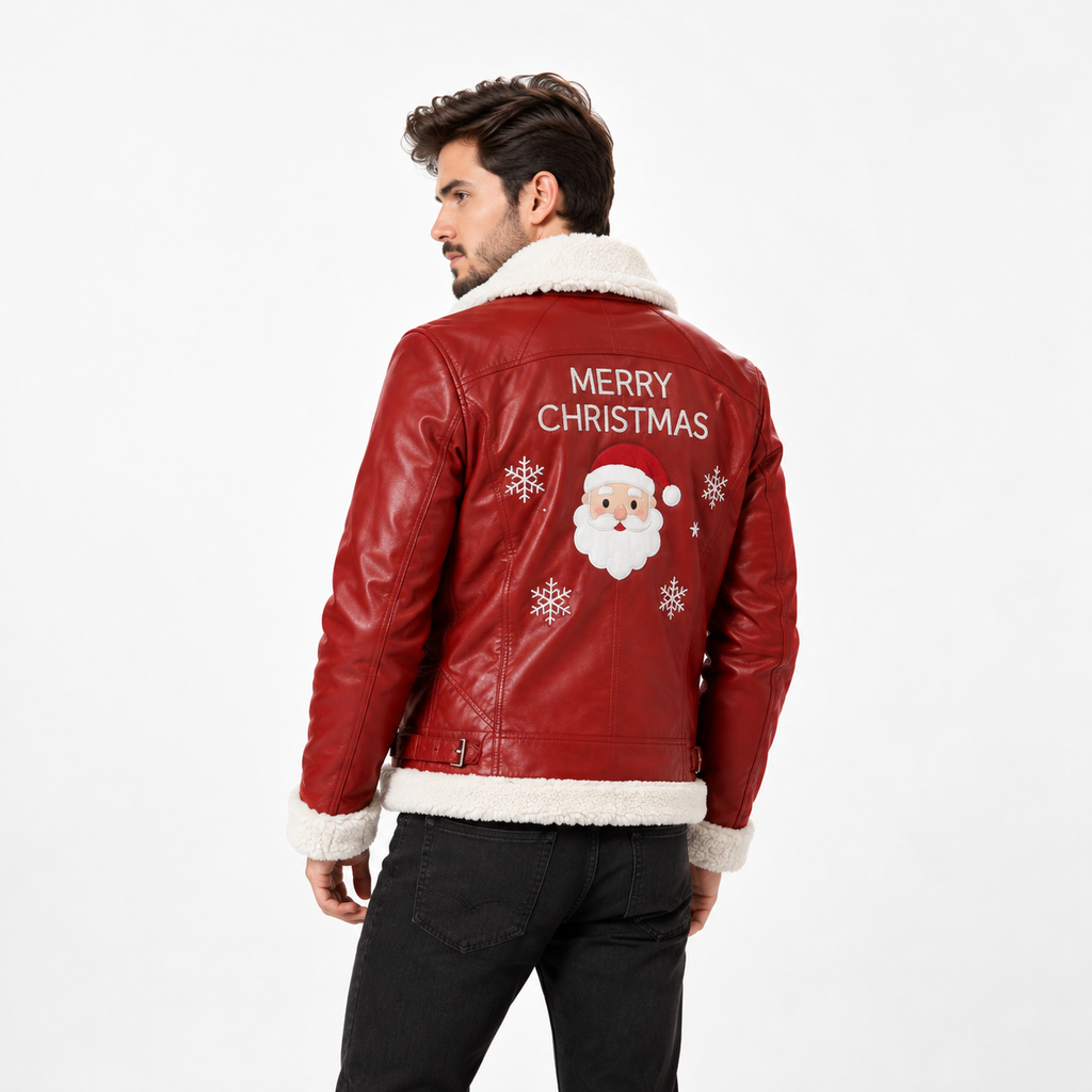 men's red Christmas aviator jacket with white shearling collar and zip pockets