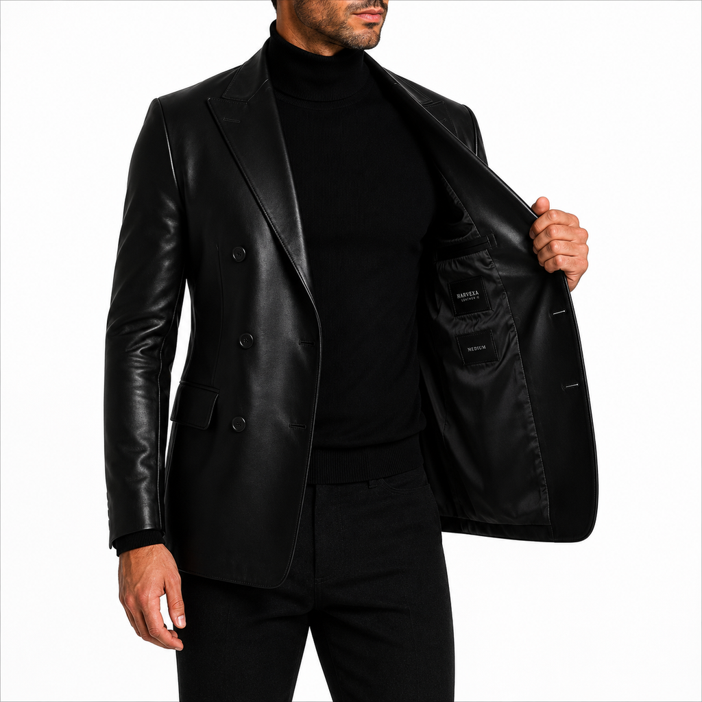 Black Leather Blazer for Men Back View Slim Fit