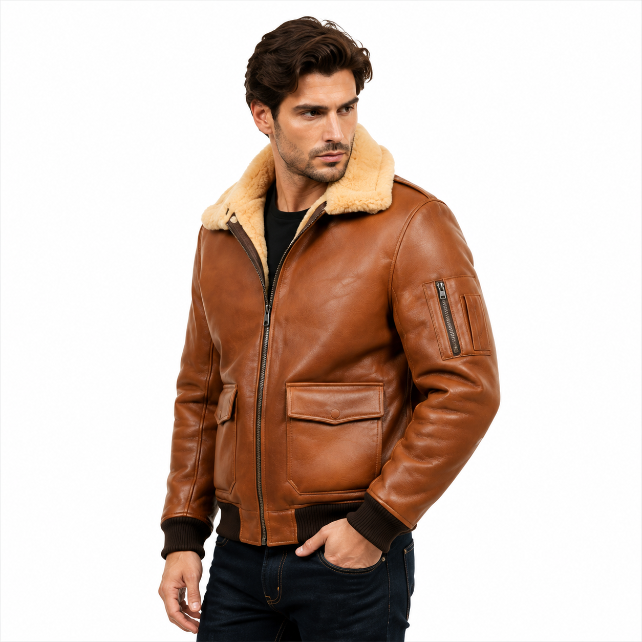 Men's tan brown leather aviator flight jacket