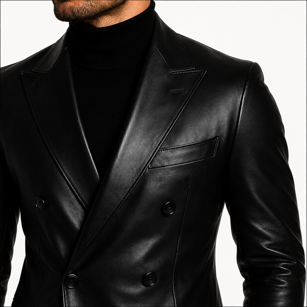 Genuine Leather Blazer Detail Peak Lapel Buttons