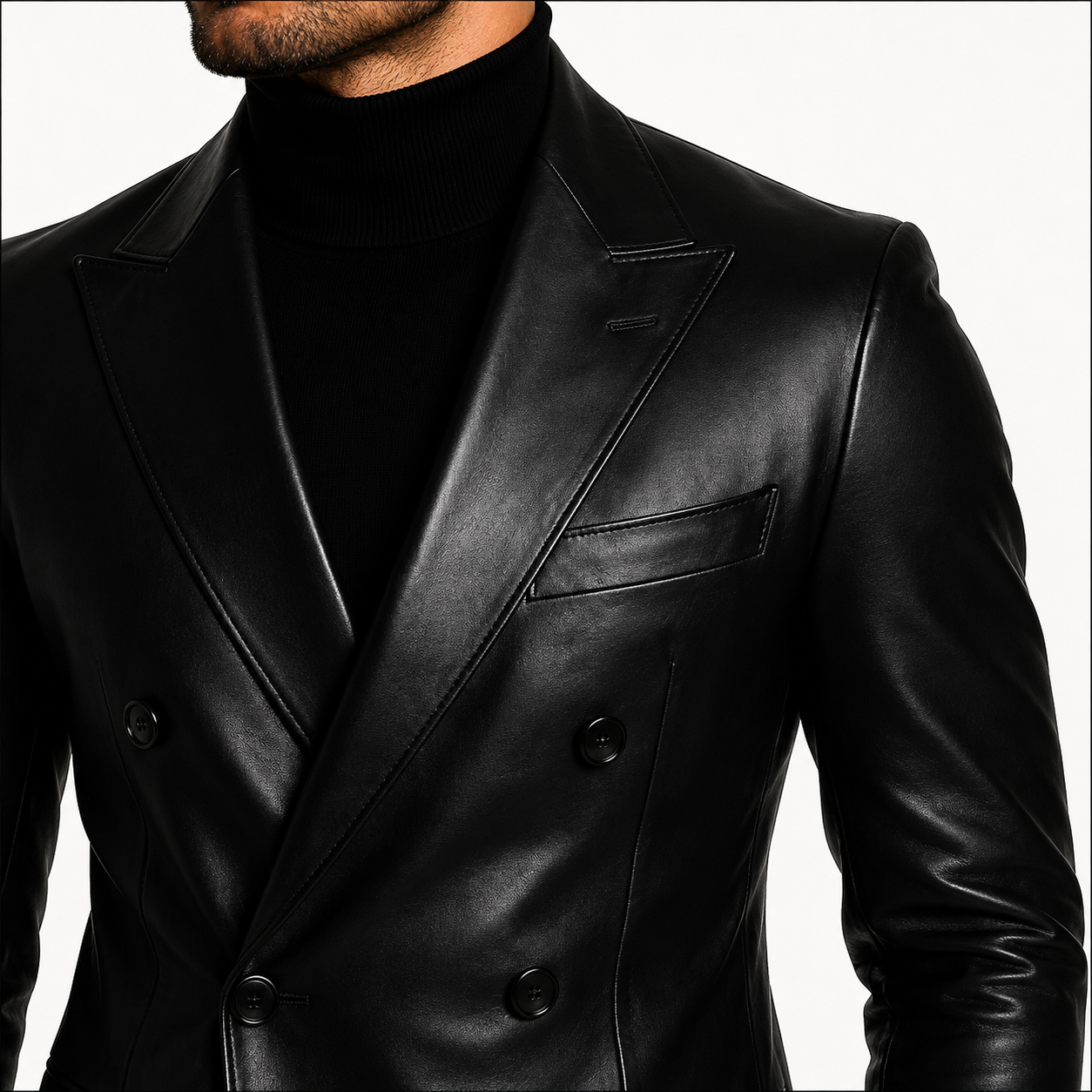 Genuine Leather Blazer Detail Peak Lapel Buttons