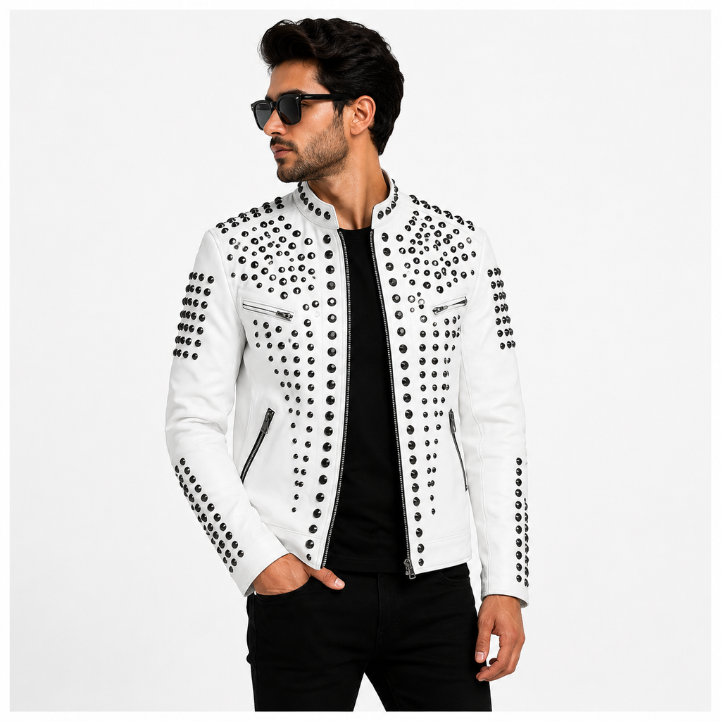 Men's White Studded Biker Leather Jacket