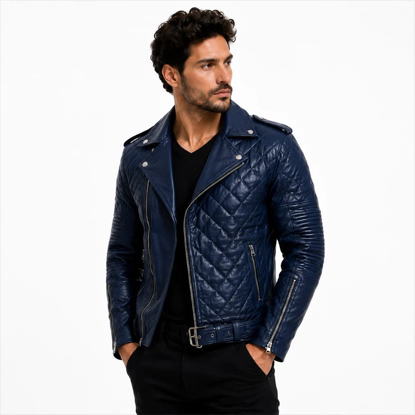 Men's Navy Blue Quilted Diamond Stitch Genuine Leather Biker 