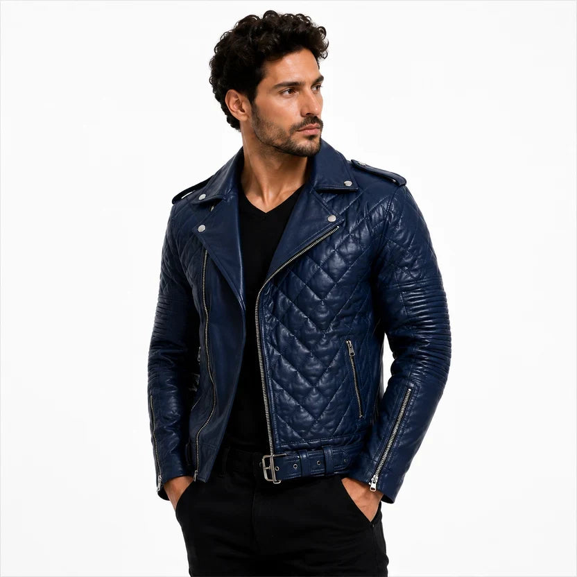 Men's White Leather Quilted Biker Jacket