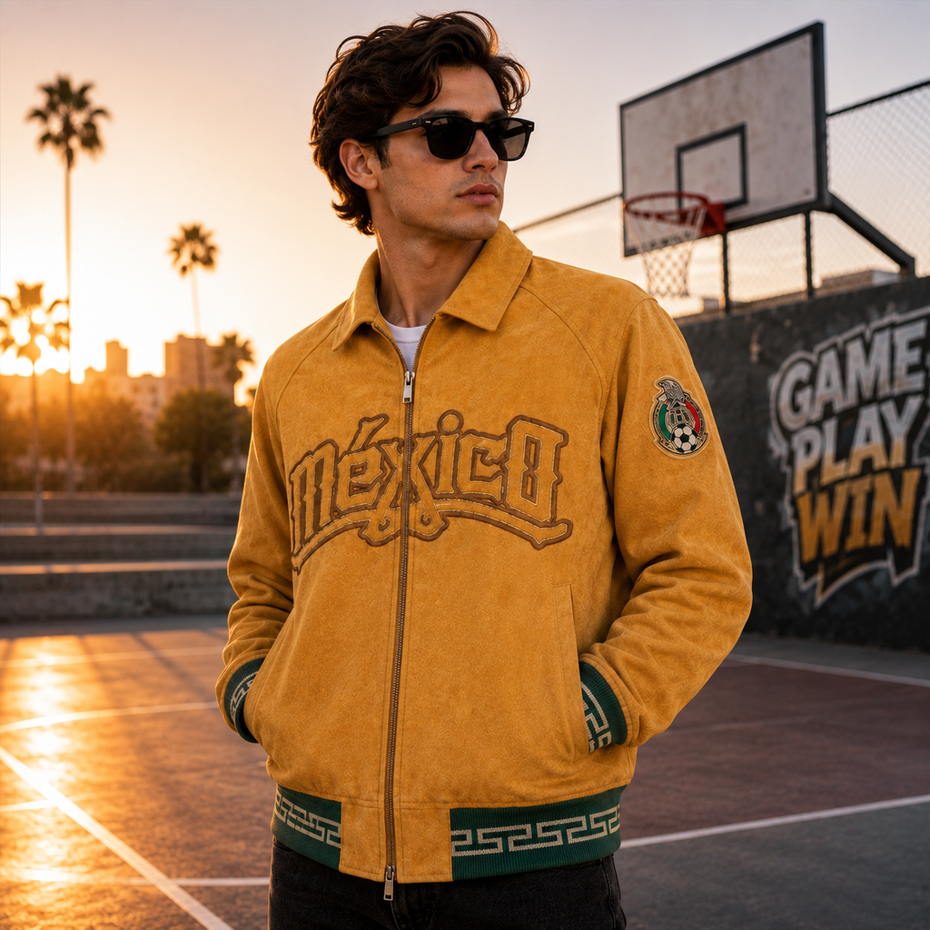 Mustard Yellow Mexico Suede Varsity Jacket with Mexico Embroidery and Green Trim