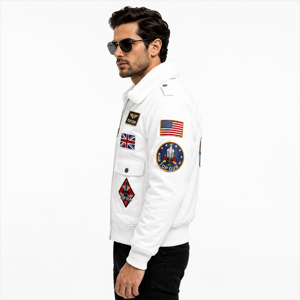 Men's White Top Gun Flight Bomber Leather Jacket with Faux Fur Collar